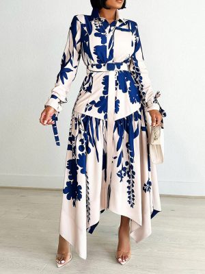 Pattern Print Asymmetric Long Sleeve Dress Women