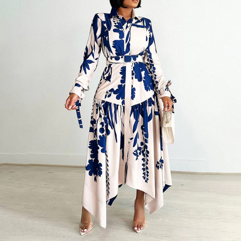 Pattern Print Asymmetric Long Sleeve Dress Women