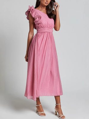 Sloping Shoulder Backless Solid Summer Dress