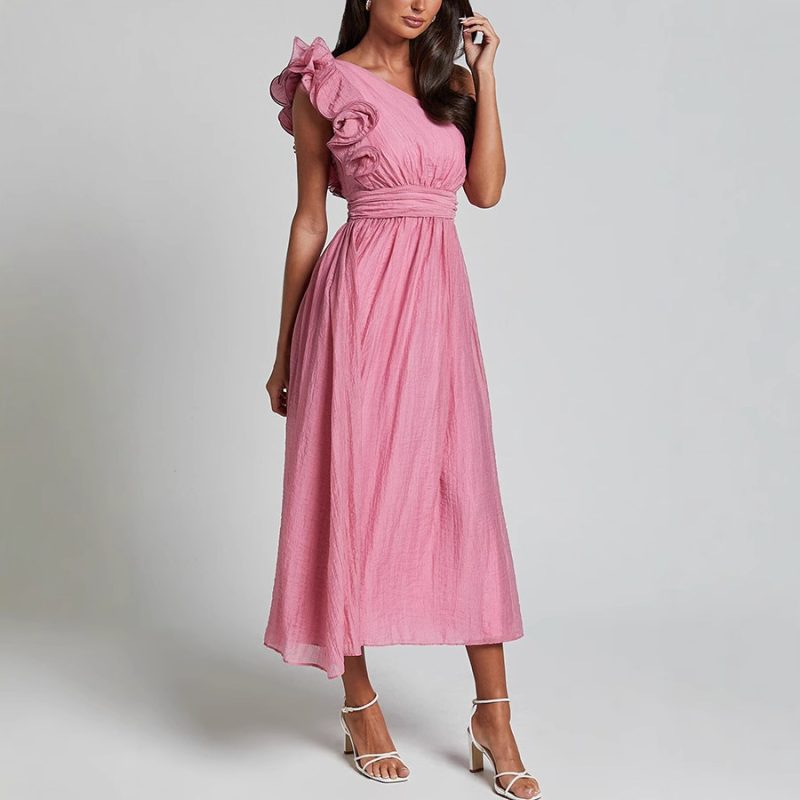 Sloping Shoulder Backless Solid Summer Dress
