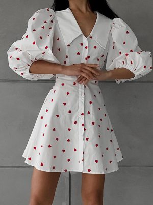 Heart Print Cotton Linen Puff Sleeve Dress