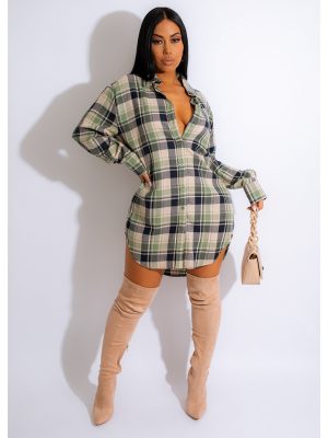 Comfortable Cotton Plaid Shirt Coat Dress