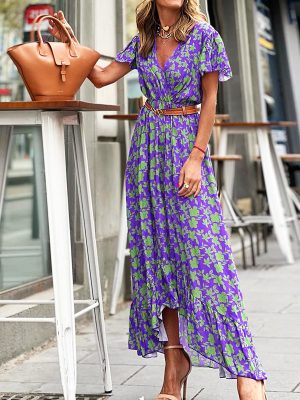 Autumn V-Neck Printed Asymmetric Casual Dress