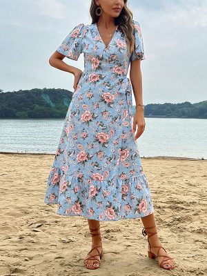 Elegant Lace-Up Wrap Dress for Summer Vacation
