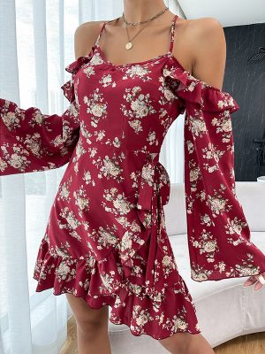 Off-Shoulder Printed Dress for Spring Autumn