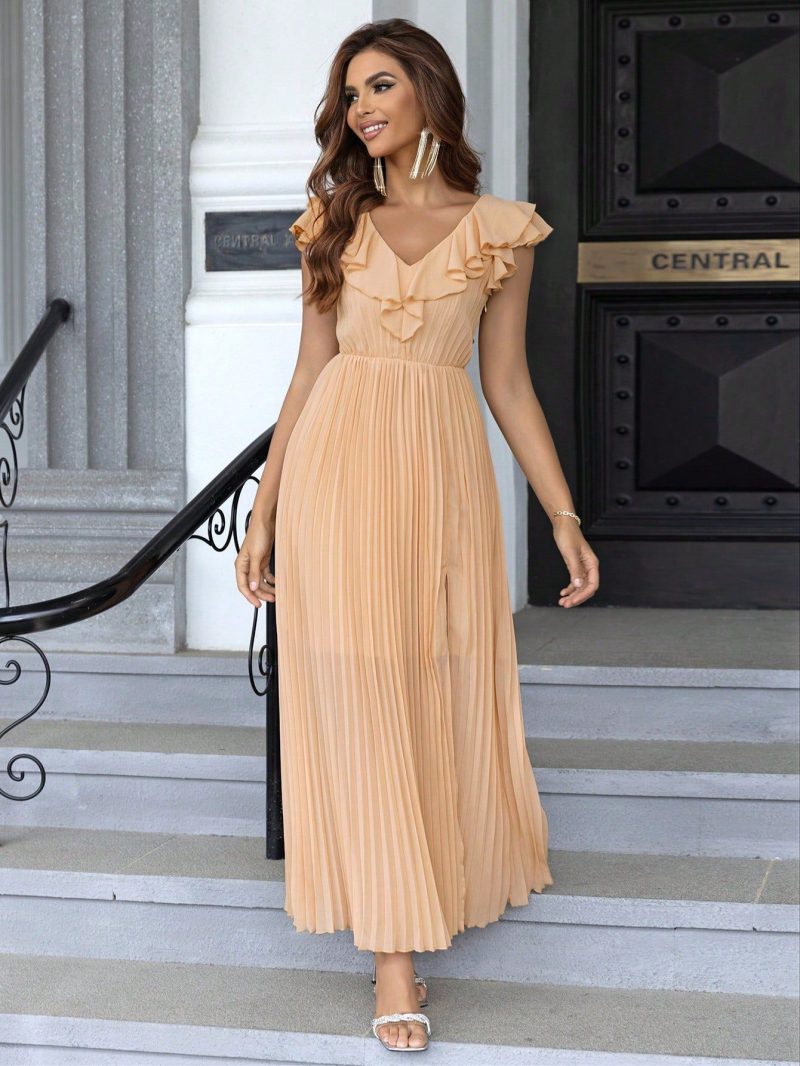 Frayed Hem Split Thigh Summer Pleated Dress - Image 3