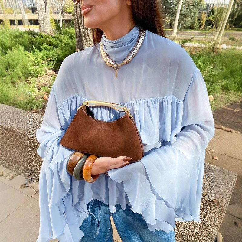 Elegant Blue Ruffled High Collar Shirt Women