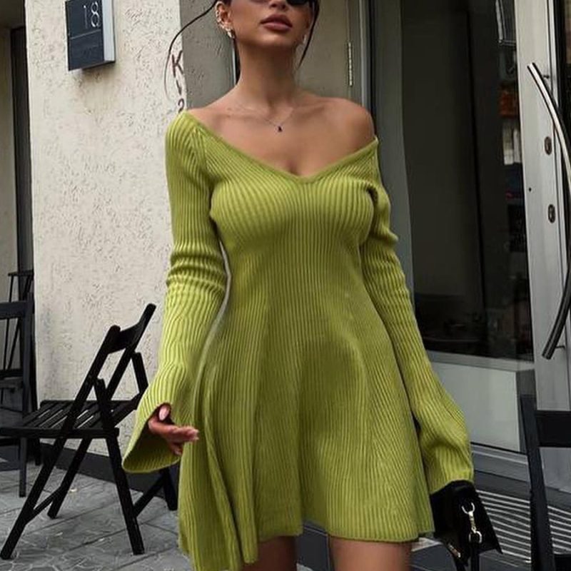 V-Neck Knitted High Waist A-Line Dress - Image 3