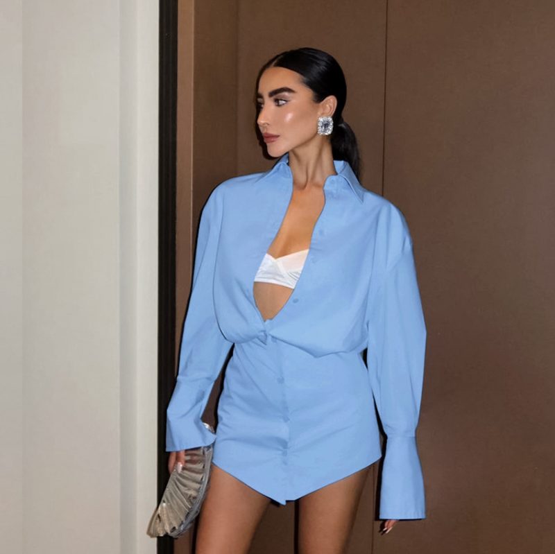 Loose Fit Blue Slim Collared Shirt Dress