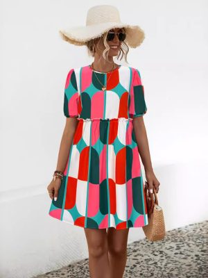 Round Neck Puff Sleeve Printed Summer Dress