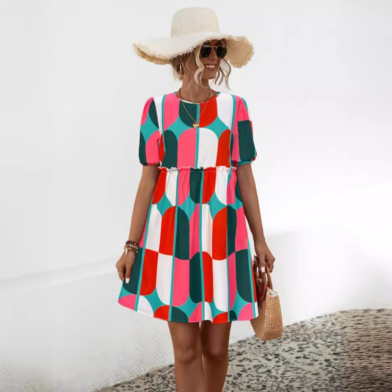 Round Neck Puff Sleeve Printed Summer Dress