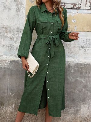 Turn-Down Collar Solid Green Dress for Women