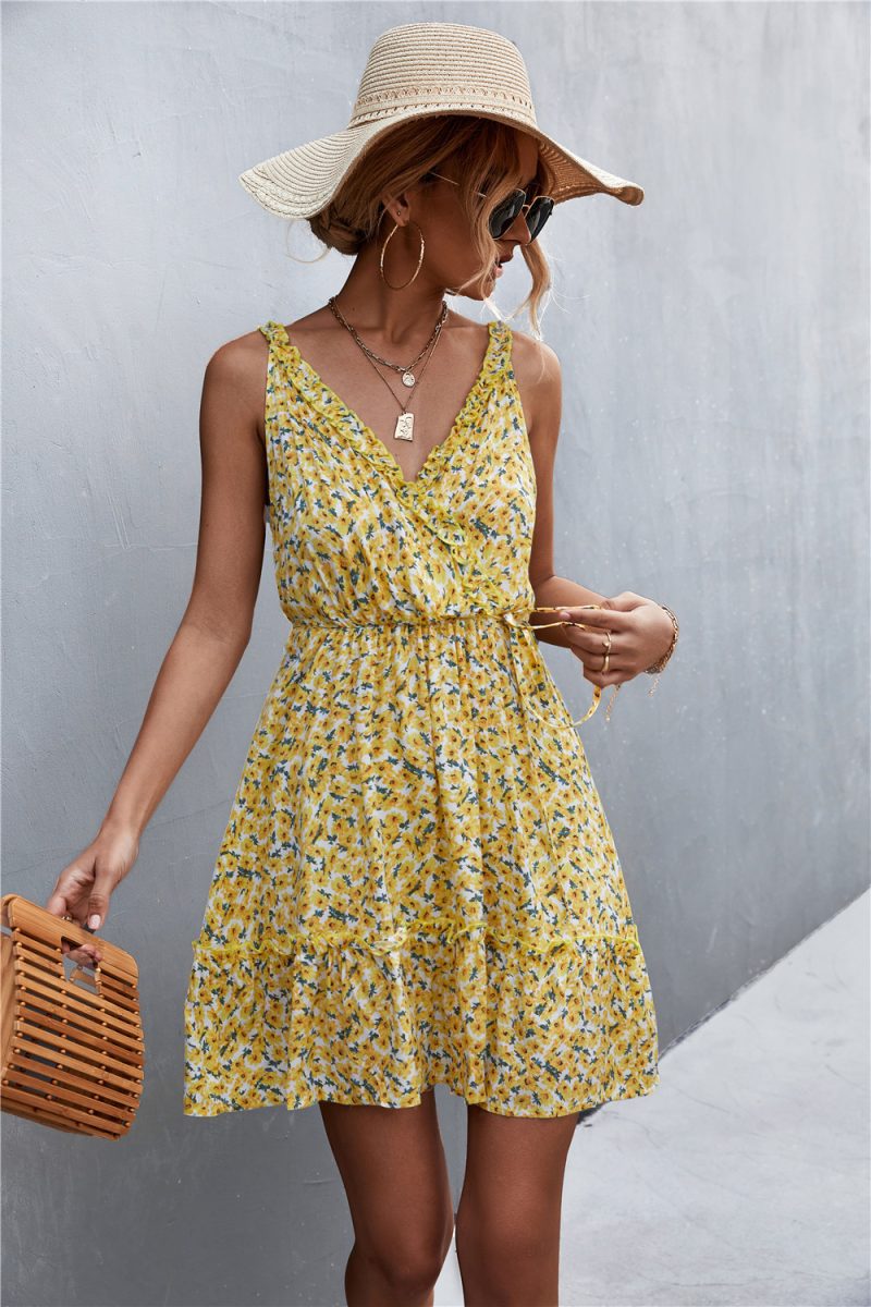 Floral Ruffled V-Neck Lace-Up Strap Dress - Image 2