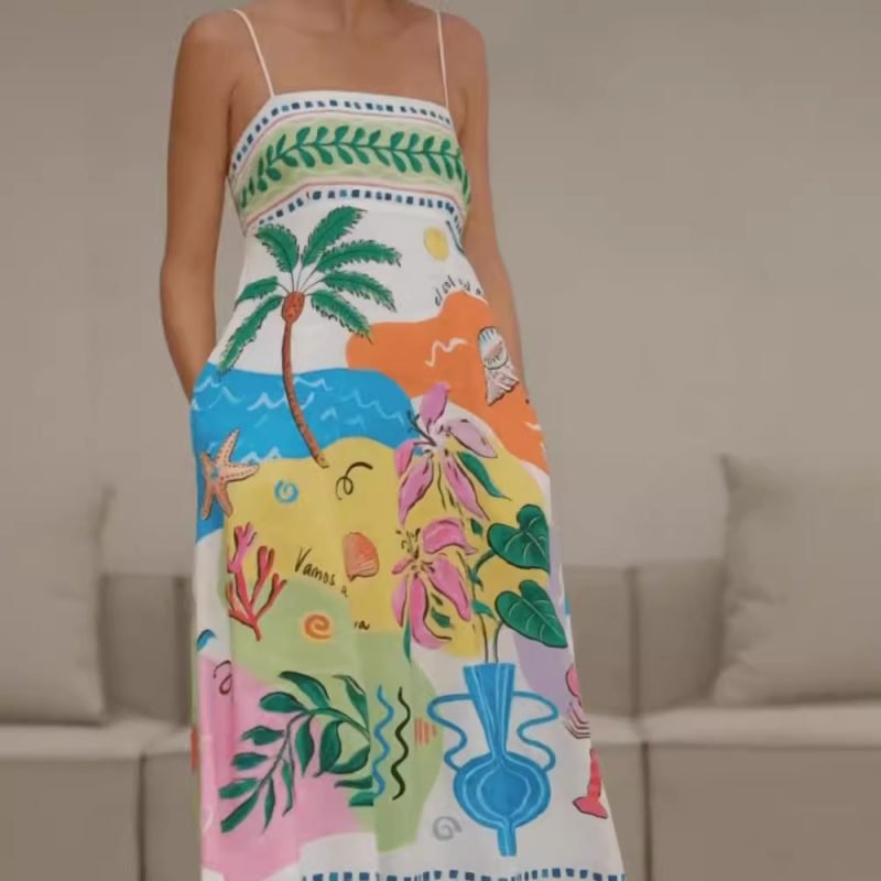 Positioned Print Spaghetti Strap Swing Dress Summer - Image 2