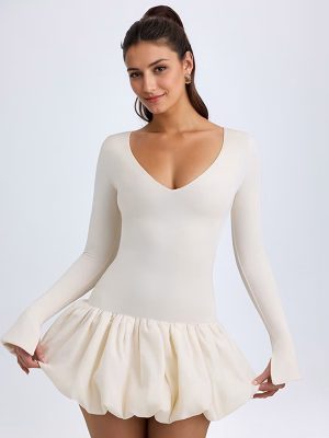 Elegant V-Neck Long Sleeve Puffy Short Dress