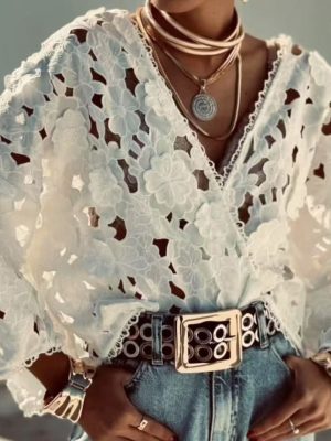 Women’s V-Neck Hollow Out Lace Blouse
