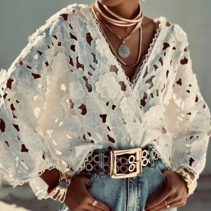 Women’s V-Neck Hollow Out Lace Blouse
