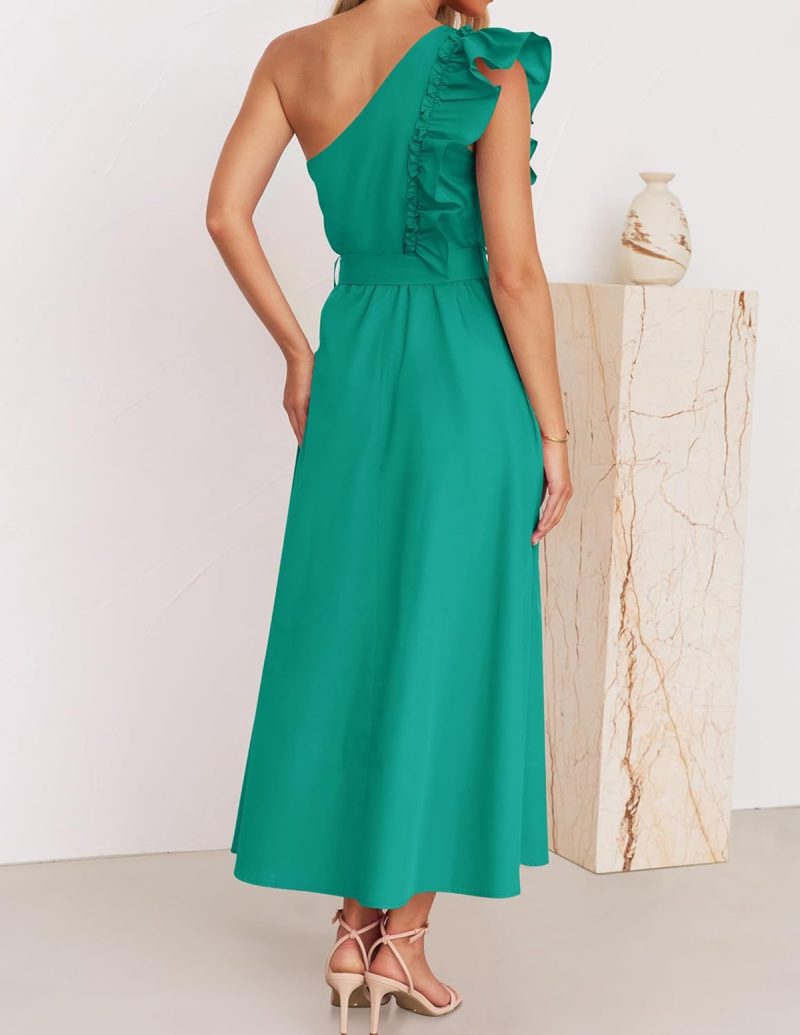 One Shoulder Ruffled Maxi Belted Bridesmaid Dress - Image 3
