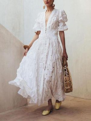 Summer Lace Puff Sleeve Cutout V-Neck Dress