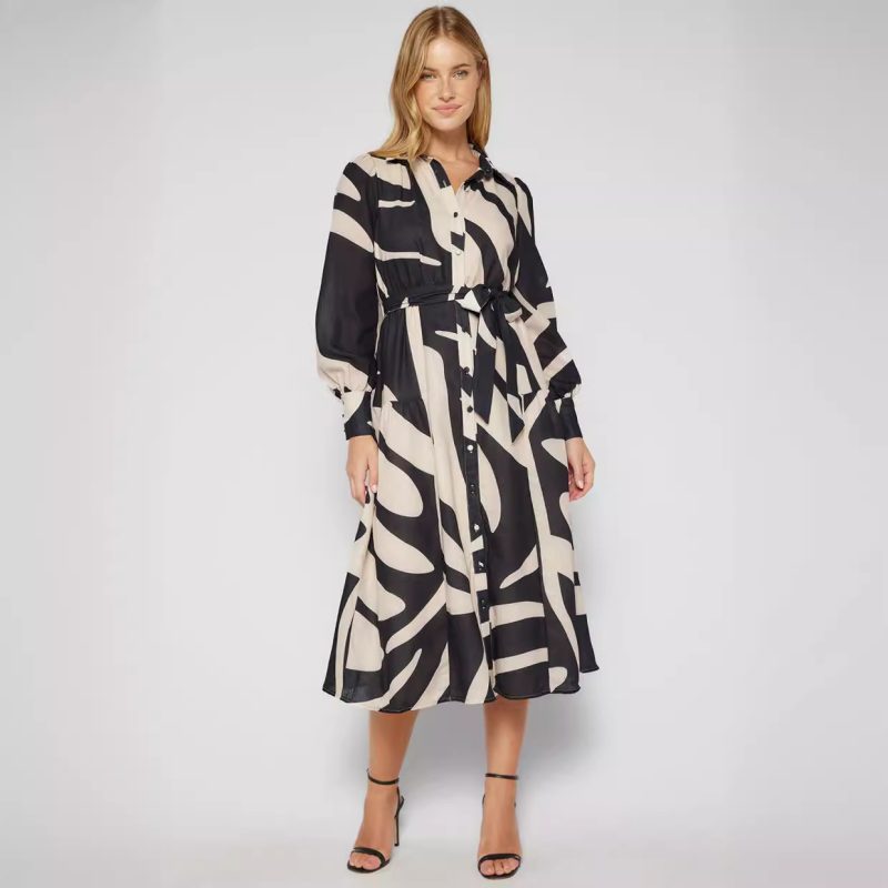 Vacation Style Printed Long Sleeve Midi Dress