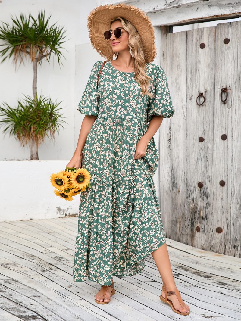 Women’s Retro Floral Round Neck Shirt Dress - Image 4