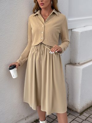 Solid Color Collared Faux Two-Piece Shirt Dress