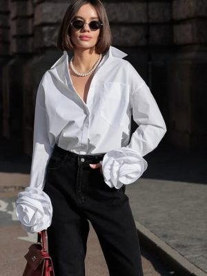 Stitched Floral White Collared Cotton Shirt Women