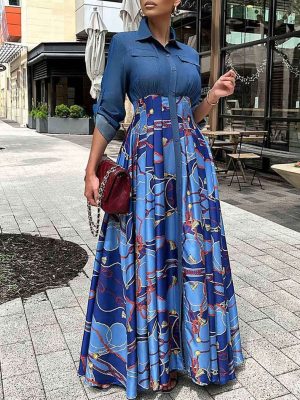 Women’s Casual Printed Denim Shirt Maxi Dress