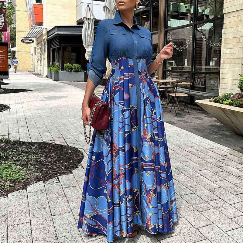 Women’s Casual Printed Denim Shirt Maxi Dress