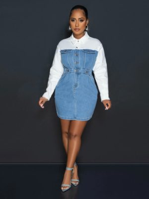 Women’s Autumn Denim Stitching Shirt Dress Office
