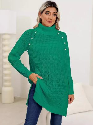 Women's Beaded Turtleneck Thick Sweater Dress