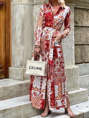 Autumn Winter Printed Lace-Up Cardigan Dress
