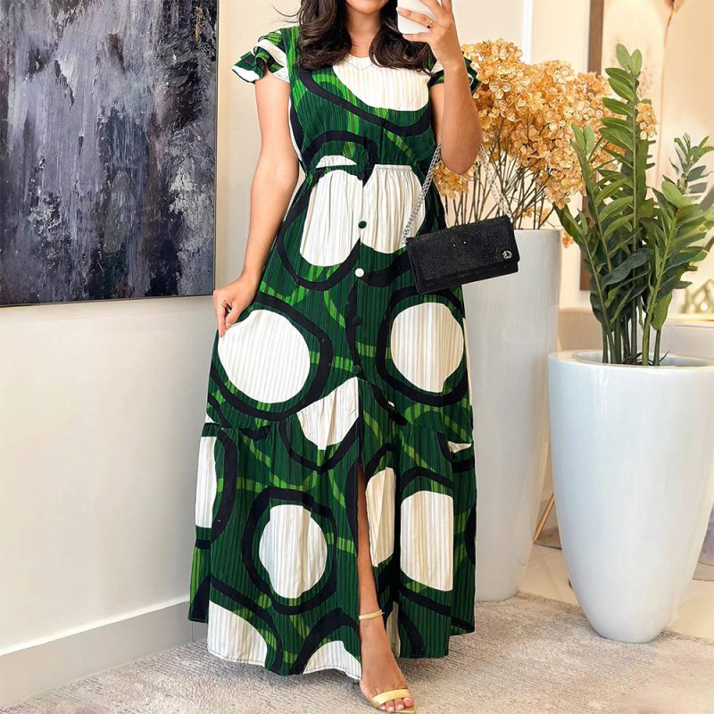 Elegant Round Neck Office Dress with Stitching