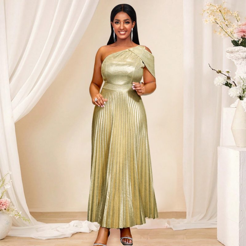 Elegant One Shoulder Golden Pleated Cocktail Dress