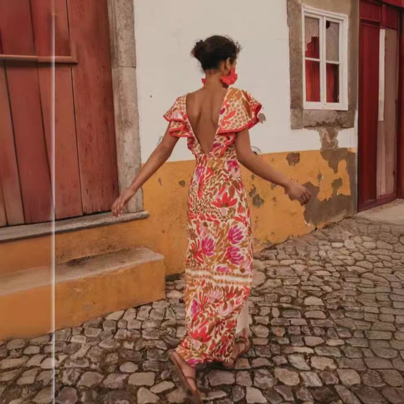 Floral V-Neck Flounce Dress with Slit - Image 3