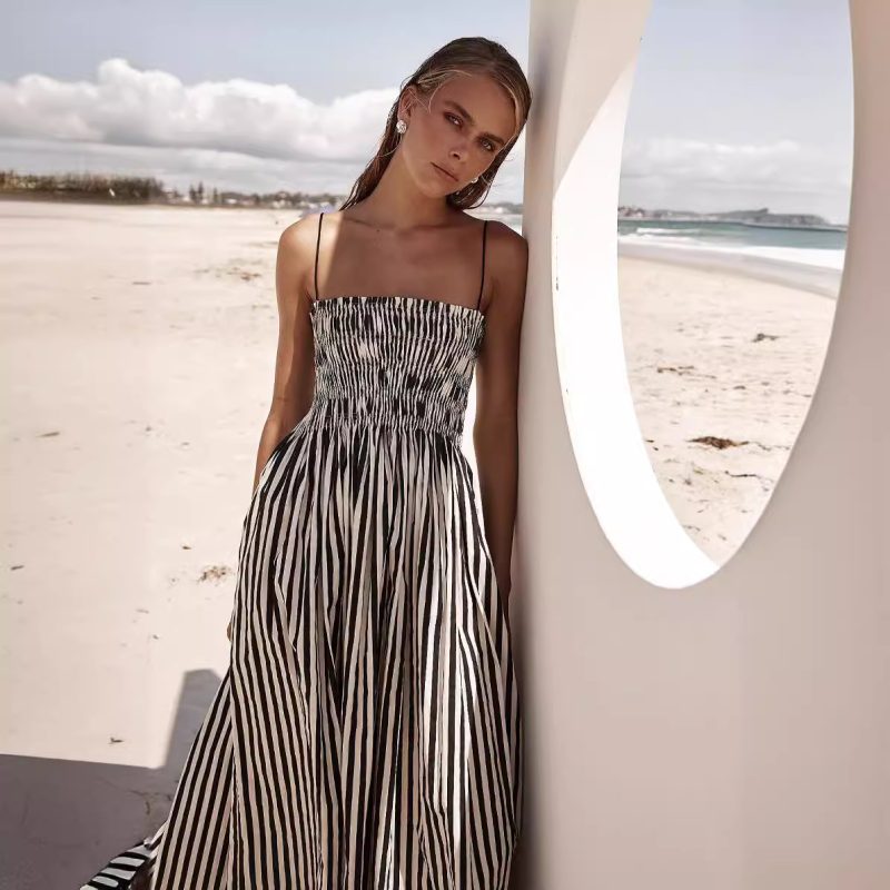 Striped Pocket Sling Dress with Stretch Waist - Image 3