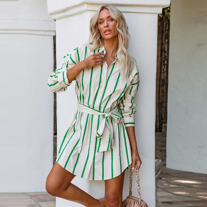 Striped Lace-Up Casual Shirt Dress for Women - Image 2