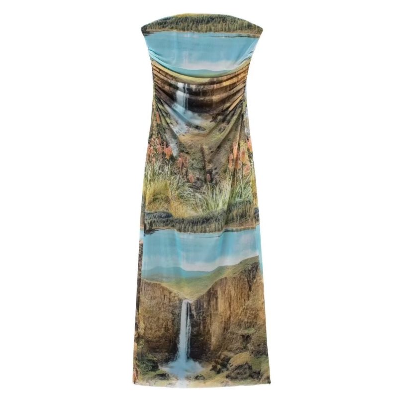 French Backless Silk Print Tube Top Dress - Image 2