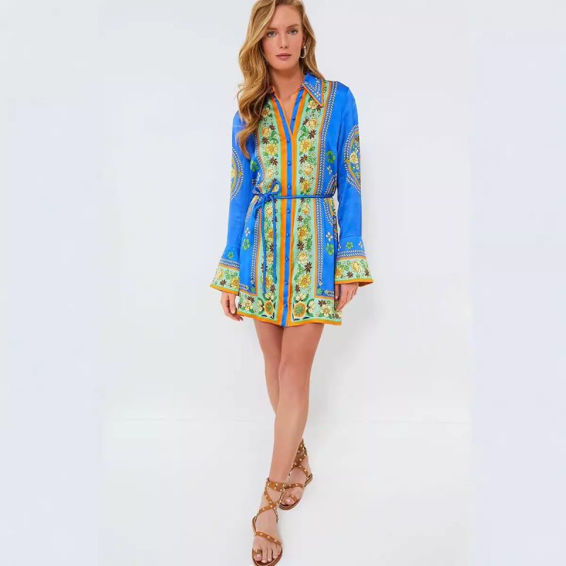 Women's Tie Waist Printed Holiday Dress
