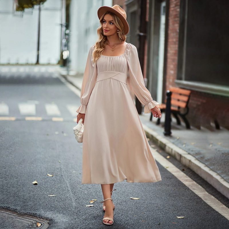 Office Square Neck Waist-Tight Maxi Dress Women