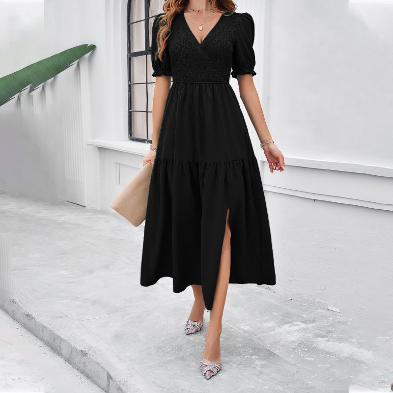 Spring Summer V-Neck Solid Swing Dress Women - Image 3