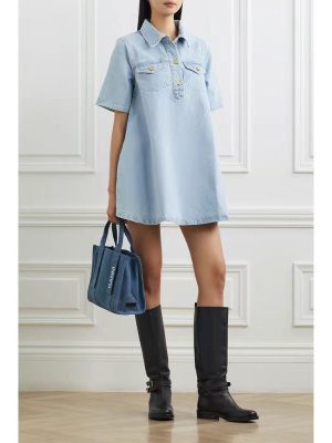 Blue Washed Denim A-Line Short Sleeve Dress