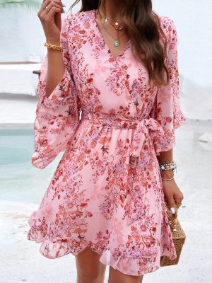Spring Summer Elegant Print Lace Waist Dress