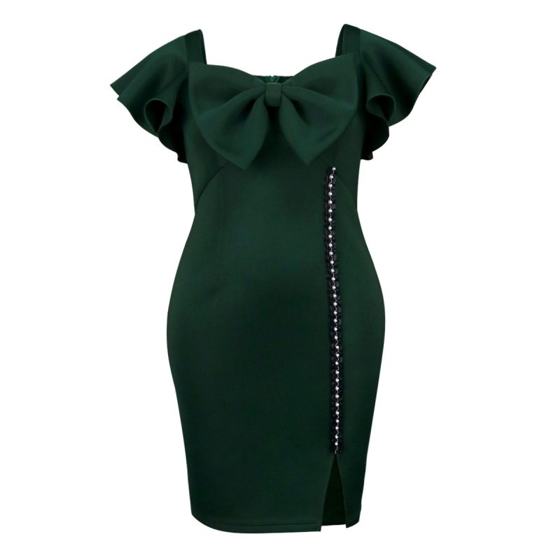 Elegant Beaded Bow Dress Square Collar Party - Image 3