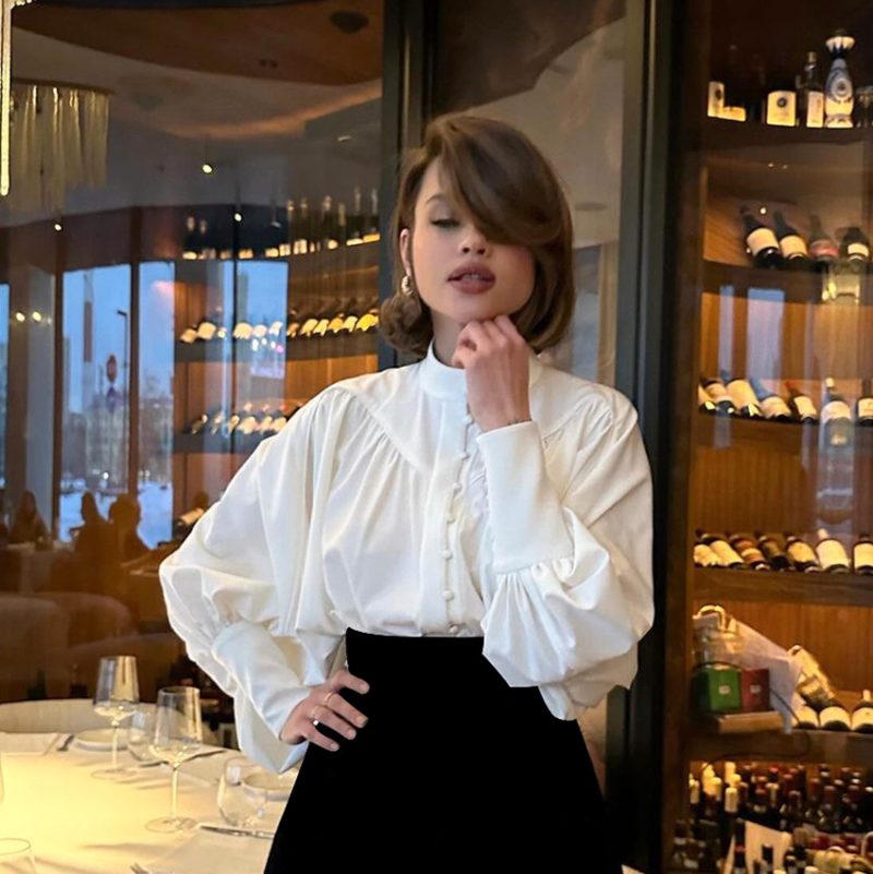 White Puff Sleeve Pleated Office Shirt Women - Image 3