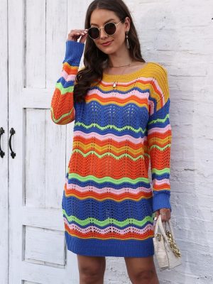 Rainbow Stripe Patchwork Woolen Pullover Dress