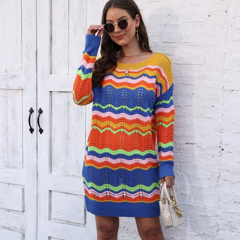 Rainbow Stripe Patchwork Woolen Pullover Dress