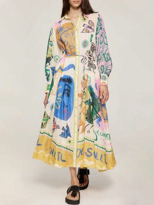 Autumn French Maxi Dress with Lantern Sleeves