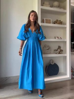 Elegant Blue V-Neck Pleated Loose Dress