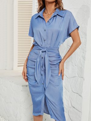Polo Neck Casual Denim Sheath Dress Women